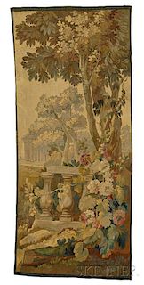 Two French Tapestries of Garden Scenes, late 19th/early 20th century, each of polychrome decoration, one depicting a columnar