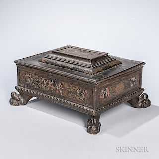 Baroque-style Painted and Gilded Fruitwood Box, probably Italy, rectangular, polychrome decorated with figural scenes and flo
