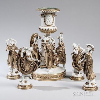 Five-piece Capo di Monte Porcelain Table Garniture, late 19th century, with underglaze crowned N, with four dancing maiden ea