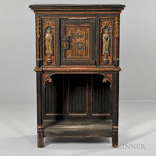 Continental Gothic-style Painted Cabinet, early 20th century, stepped cornice over case with single centralized door decorate