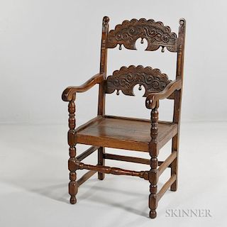 Six Jacobean-style Oak Dining Chairs, England, late 19th/early 20th century, each with lobed carved crest rail and horizontal