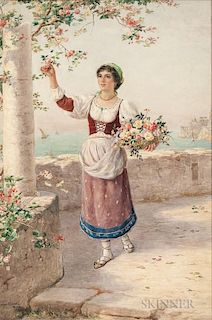 Luigi Olivetti (Italian, 1856-1941), Young Woman Gathering Roses, Signed and inscribed "Luigi Olivetti/Roma" l.l., Condition: