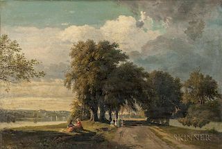 Continental School, 19th Century, Broad Landscape with Figures by a Riverbank, Unsigned., Condition: Lined, retouch, craquelu