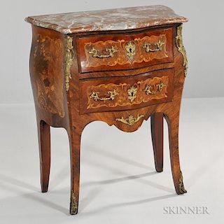 Louis XVI-style Marble-top Marquetry Commode, late 19th/early 20th century, the shaped case with two drawers on bronze-mounte