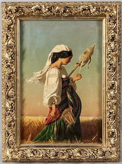Italian School, 19th Century, Peasant Girl Holding a Distaff and Spindle in a Landscape, Unsigned, inscribed "P" on the rever