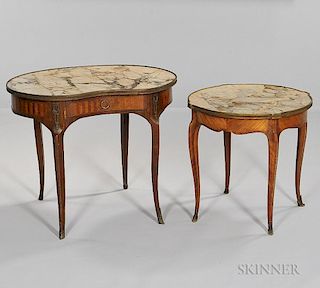 Two Louis XV-style Marble-top Satinwood Side Tables, France, late 19th/early 20th century, one round with shaped frieze and c