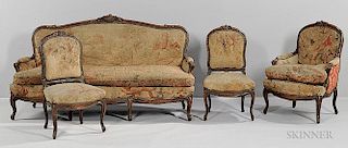 Louis XV-style Fruitwood Settee and Three Chairs, late 19th century, each with curved crest rail with bellflower and acanthus