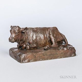 After Rosa Bonheur (French, 1822-1899)  Bronze Figure of a Recumbent Cow, on a rectangular plinth inscribed (indistinct) "Ros