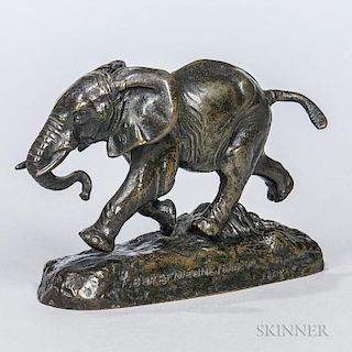 After Antoine-Louis Barye (French, 1795-1875)  Bronze Figure of an Elephant, inscribed to naturalistic ovoid base "BARBEDIENN
