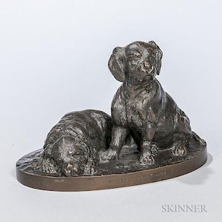Laurent Atthalin (act. France, 1818-1893)  Bronze Figure of Dogs/ A Six Semaines, one depicted seated, the other recumbent, i