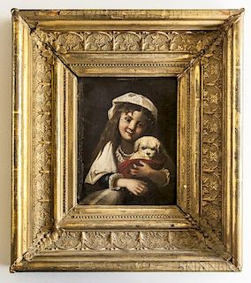 Continental School, 19th Century, Young Girl Holding a White Dog, Unsigned., Condition: Abrasions, craquelure with minor pain