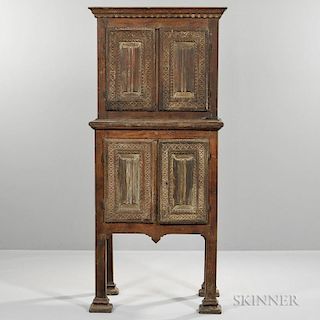 Gothic-style Linenfold Cupboard, with an upper recessed cabinet on lower cabinet, each with two doors enclosing a shelved int