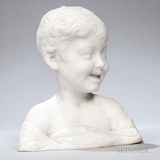 Marble Bust of a Laughing Boy, probably Continental, late 19th/early 20th century, depicted looking slightly downward, partia