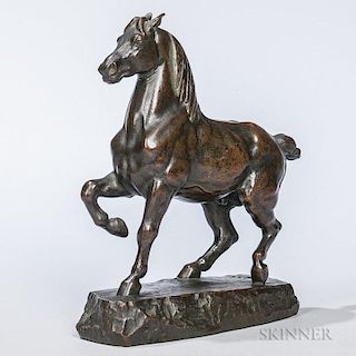 Antoine-Louis Barye (French, 1795-1875)  Bronze Figure of a Horse, depicting with one leg raised, on a shaped base, signed "B