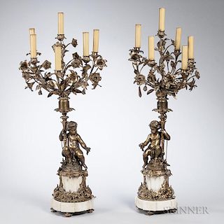 Pair of French Six-light Bronze Candelabra, 19th century, electrified, each with floriform sconces raised on a tapering stem 