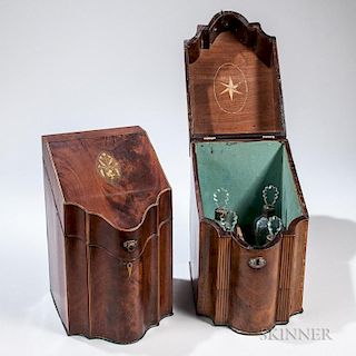 Two Mahogany Knife Boxes and Four Glass Bottles, one decorated with floral urn motif, interior with three compartments, ht. 1