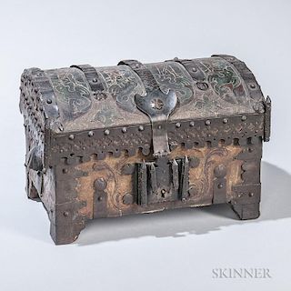 Spanish Leather-covered Fruitwood Chest, 19th century, rectangular-form with domed lid inscribed with figures wielding spears