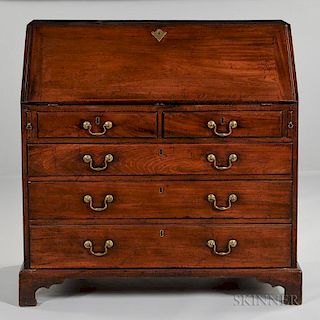 George II Mahogany Slant-lid Desk, England, signature on drawer c. 1756, lid opens to interior with multiple drawers and corr