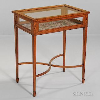 Late Victorian Inlaid Table Display Cabinet, England, late 19th century, highlighted with foliate motifs, hinged glass inset 