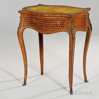 Louis XVI-style Parquetry-inlaid Writing Table, with a tooled leather-inset writing surface above a single frieze drawer rais