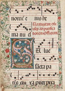 Musical Manuscript Leaf, parchment, with a floral border, featuring an "S" on the left, framed, 29 x 21 in. (sight).