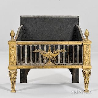 Louis XVI-style Brass Fire Grate, late 19th/early 20th century, beaded backplate with side rails extending to artichoke-toppe