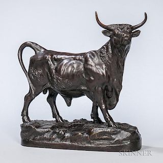 After Alphonse Alexandre Arson (act. France, 1822-1882)  Bronze Figure of a Bull, depicted standing with head raised, on a na