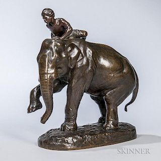After Charles Valton (French, 1851-1918)  Bronze Figure of a Man Riding an Elephant, animal depicted in motion with the man c