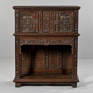 Gothic-style French Carved Oak Cabinet, late 19th/early 20th century and earlier components, upper case with two doors decora