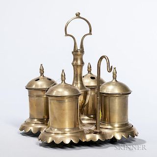 Brass Desk Set, probably Spain, 18th century, centralized handle, four containers including a sander and quill cup, and a hoo