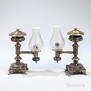 Pair of English Student Lamps, 19th century, each bronze and glass, with urn shaped top extending to columnar support and squ
