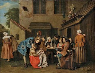 Flemish School, 18th Century      Figures Drinking in a Tavern Yard