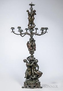 Bronze Nine-light Candelabra Depicting the Three Graces, after Antoine Louis-Barye, late 19th/early 20th century, the urn fin