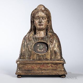 Italian Baroque Giltwood Reliquary Bust, 17th century, probably fruitwood, polychrome decorated head of a Saint with aperture