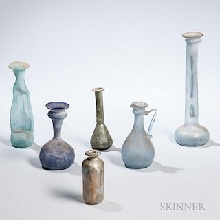 Six Pieces of Roman-type and Venetian-type Glass, two tall flattened cylindrical vases; one ewer-form; one short cylindrical;