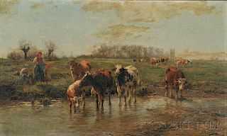 Karl Stuhlmuller (German, 1858-1930)      Landscape with Peasant Family and Cattle Watering
