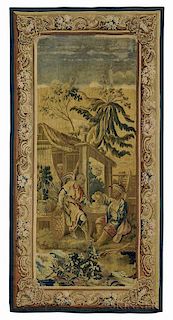 Aubusson Tapestry of Two Chinamen Taking Tea, cartoon by Jean-Joseph Dumons after François Boucher, France, 19th century, wo