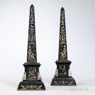 Pair of Continental Egyptian Revival Marble Obelisks, late 19th/early 20th century, with incised silvered and gilded decorati