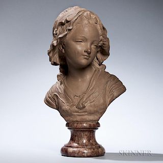 French Terra-cotta Bust of Young Girl, late 19th/early 20th century, depicted wearing a head covering and looking to the side