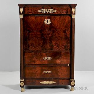 Empire Mahogany and Gilt-bronze-mounted Secretaire à Abattant, France, 19th century, shaped top over single-drawer frieze ab