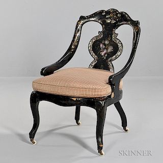 Victorian Papier-mache Inlaid Slipper Chair, 19th century, gilt highlights, floral and geometric motifs on a shaped crest and
