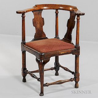 George II Corner Chair, England, 18th century, shaped crest rail with vasiform splats, slip seat supported by turned legs, ht