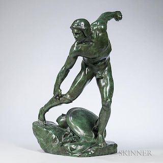 After Constant Roux (act. France, 1865-1942)  Bronze Figure of Achilles Preparing for Combat, depicted with arms reaching, a 