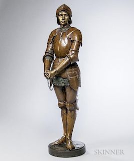 Louis Ernest Barrias (French, 1841-1905)  Bronze Figure of Joan of Arc, depicted standing atop a round socle bearing inscript