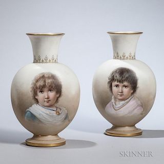 Pair of Bohemian Glass Portrait Vases, late 19th century, each moon flask form with collared base and round foot, depicting a