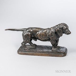 After Antoine-Louis Barye (French, 1795-1875)  Bronze Figure of a Basset Hound, standing atop a stepped base, inscribed "BARY