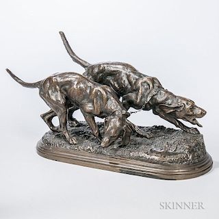 After Isidore Jules Bonheur (French, 1827-1901)  Bronze Figure of Two Hounds, portrayed on a hunt, naturalistic base inscribe