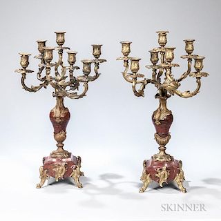 Pair of Louis XV-style Gilt-bronze and Marble Seven-light Candelabra, 19th century, each tulip-form acanthus-wrapped drip cup
