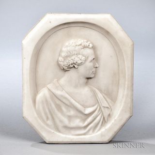 Carved Marble Portrait Plaque, 19th/early 20th century, octagonal, depicting a Roman-style male figure in drapery, ht. 10 3/4