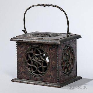 German Painted Wood Box, 19th century, possibly used for a luminary, overall figural and vine motifs, molded top with pierced